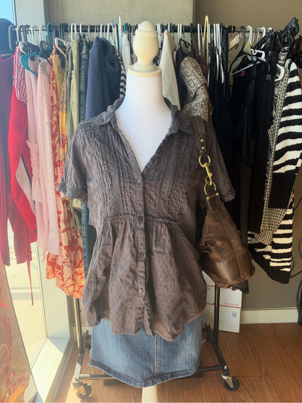 Lucky Brand Brown Short-Sleeve Button Front Peplum Blouse